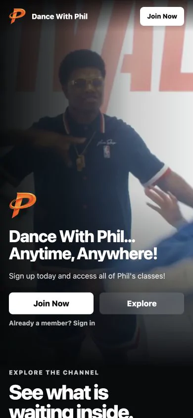 Mobile Dance With Phil FanPath storefront with creator branding and Join Now action