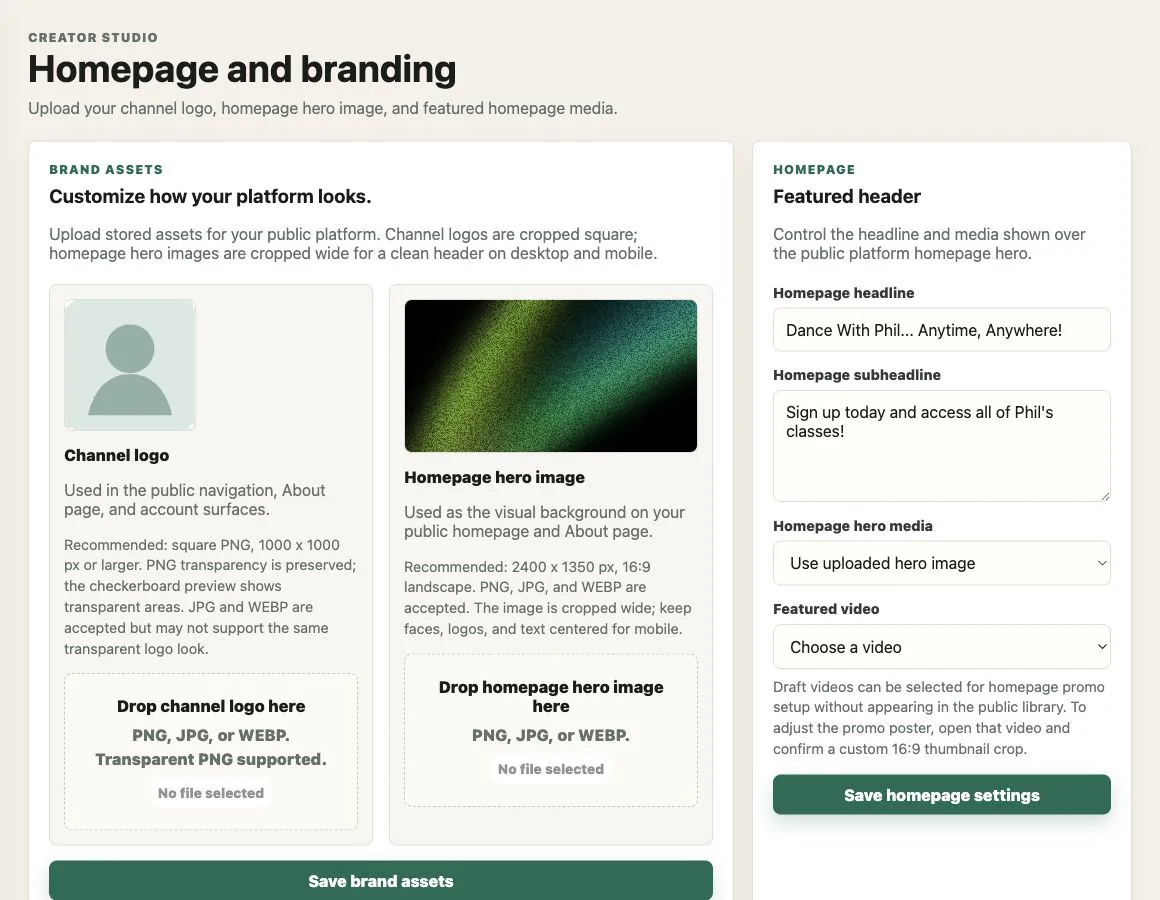 FanPath Creator Studio branding controls for channel logo, hero artwork, and homepage copy